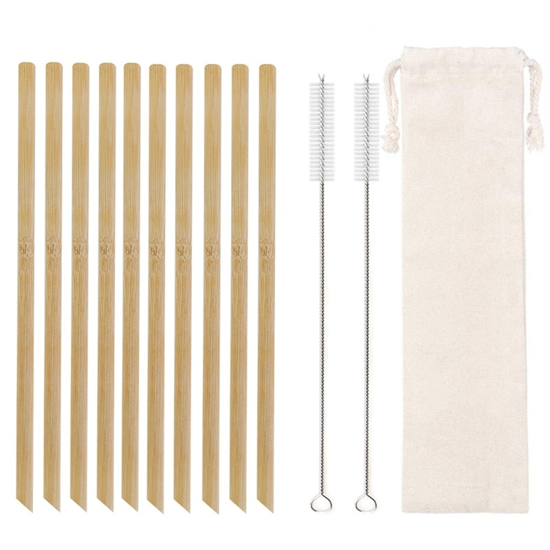 Natural Bamboo Straws with Cleaning Brush - Set of 10
