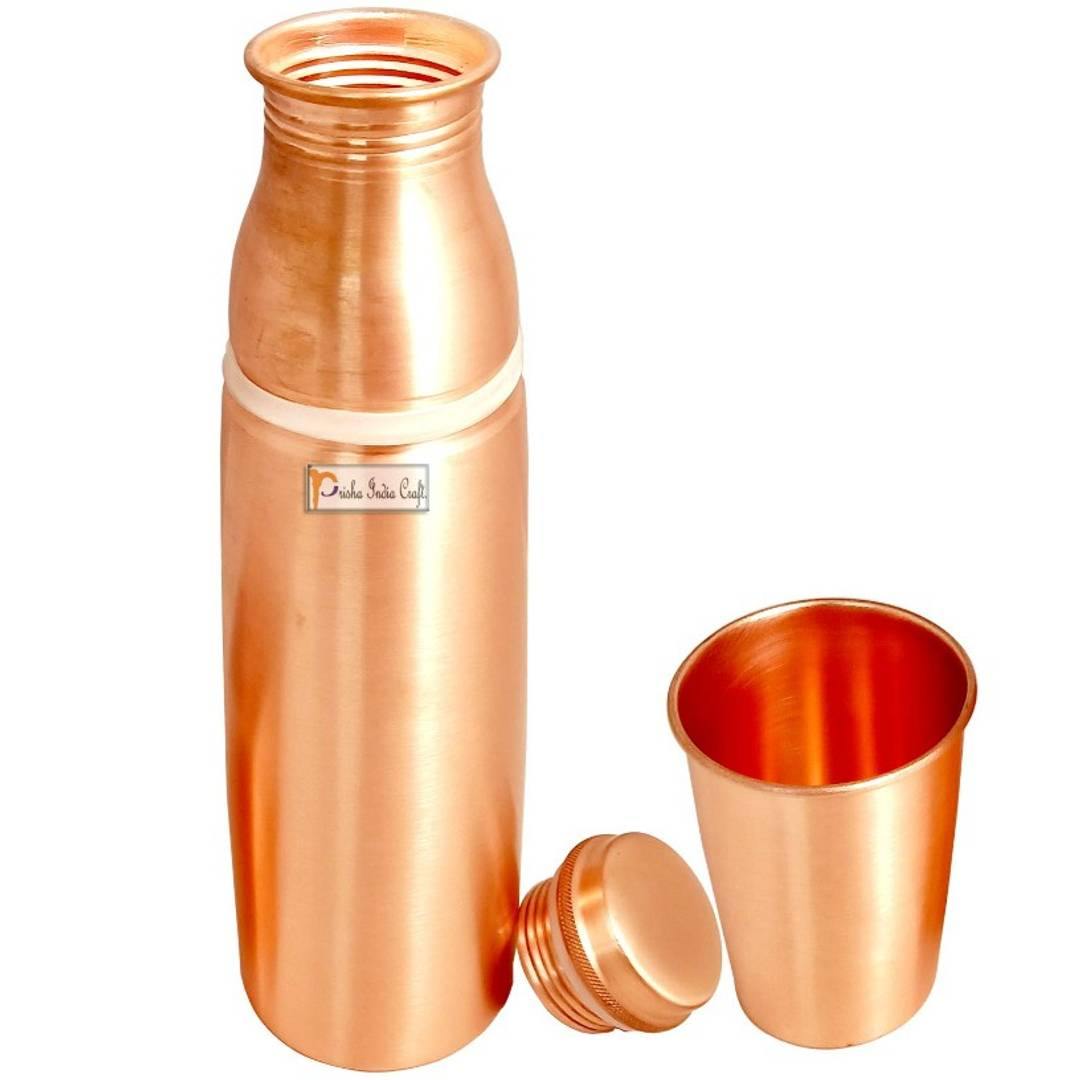 Copper Water Bottle 900 ML with Glass 250 ML, Lacquer Coated, Drinkware Set - Earth Thanks