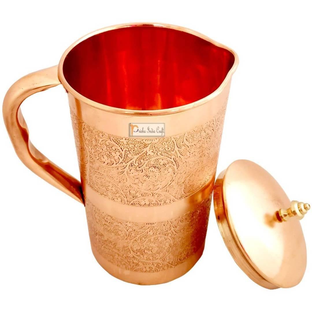 Embossed Design Pure Copper Water Jug Pitcher with Lid - Earth Thanks