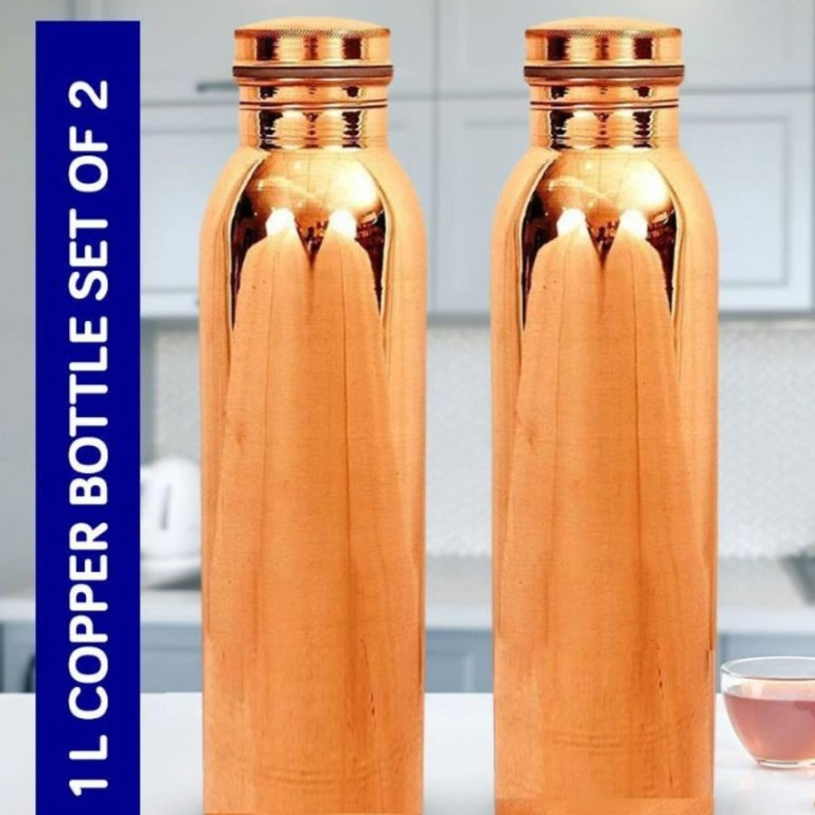 Pure Copper Water Bottle 1000ml Set of 2 - Earth Thanks - Pure Copper Water Bottle 1000ml Set of 2 - anti-microbial, antibacterial, antimicrobial, bottle, camping, coffee, copper, cup, dinner, dinnerware, drink, drinking cup, fresh, health, home, house, insulated, kitchen, liquid, lunch, metal, non tossico, non toxic, outdoor, picnic, plastic free, portable, recyclable, recycle, recycle friendly, reusable, save food, stay safe, sterile, tea, travel, vegan friendly, water, water bottle