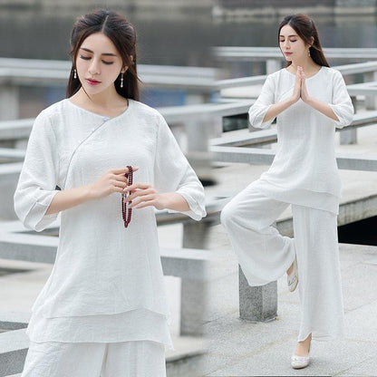 Full Hottest Women Long-sleeved Cotton Linen Yoga Suit Lady
