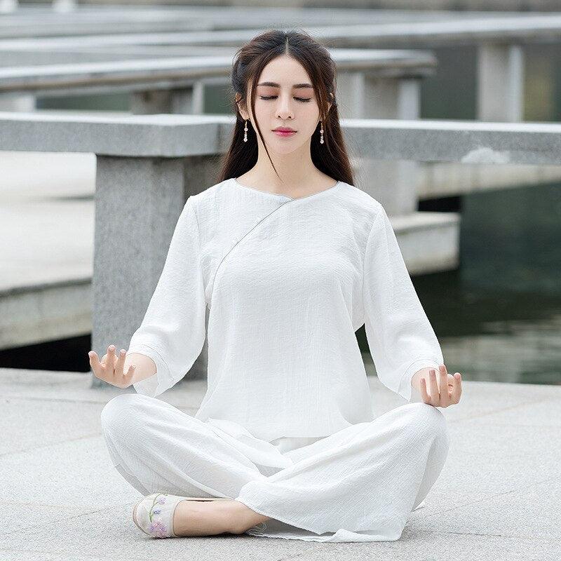 Full Hottest Women Long-sleeved Cotton Linen Yoga Suit Lady