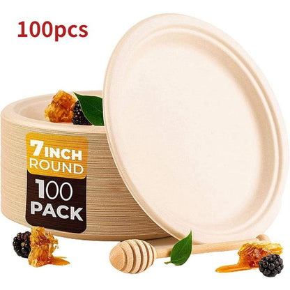 7In 100 pcs Compostable Disposable Round Bagasse Paper Plates Biodegradable Sugarcane Fibre Cake Fruit Nut Snack Dishes - Earth Thanks - 7In 100 pcs Compostable Disposable Round Bagasse Paper Plates Biodegradable Sugarcane Fibre Cake Fruit Nut Snack Dishes - natural, vegan, eco-friendly, organic, sustainable, biodegradable, natural, non-toxic, paper, plastic-free, vegan
