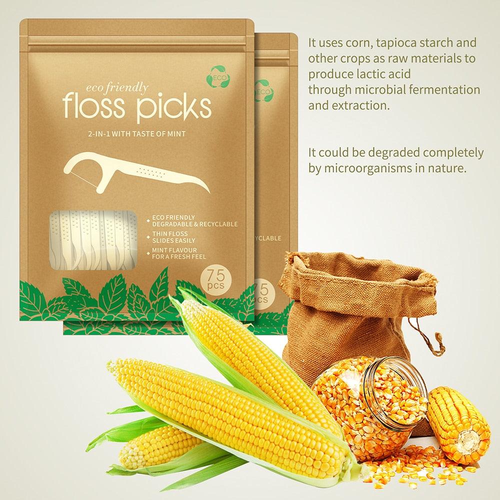 Biodegradable Dental Flosser Vegan Toothpick with Threads Ultra-Thin Eco Friendly Dental Floss Picks Clean Between Teeth 300pcs - Earth Thanks - Biodegradable Dental Flosser Vegan Toothpick with Threads Ultra-Thin Eco Friendly Dental Floss Picks Clean Between Teeth 300pcs - natural, vegan, eco-friendly, organic, sustainable, biodegradable, clean teeth, natural, non-toxic, plastic-free, teeth, tooth, toothbrush, vegan