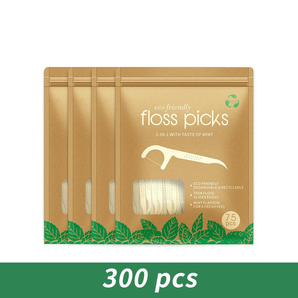 Biodegradable Dental Flosser Vegan Toothpick with Threads Ultra-Thin Eco Friendly Dental Floss Picks Clean Between Teeth 300pcs - Earth Thanks - Biodegradable Dental Flosser Vegan Toothpick with Threads Ultra-Thin Eco Friendly Dental Floss Picks Clean Between Teeth 300pcs - natural, vegan, eco-friendly, organic, sustainable, biodegradable, clean teeth, natural, non-toxic, plastic-free, teeth, tooth, toothbrush, vegan